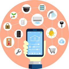 Smartphone app to control smart home (smart house) . Flat illustration holding a smartphone in hand (round shape). 