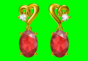Beautiful earrings on green background, 3D Rendering.