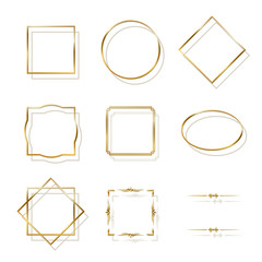 Golden shiny frames with shadows isolated on white background. Vector golden luxury realistic border set.