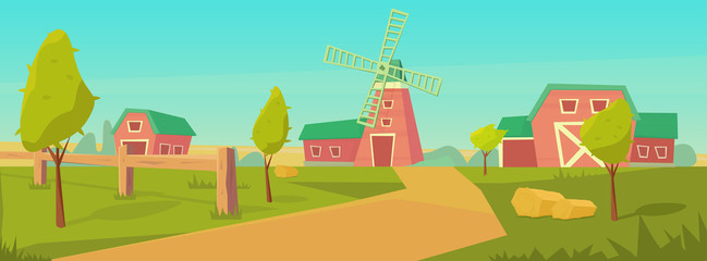 Fototapeta premium Agriculture. Farm rural landscape with red barn, house and ranch, water tower and haystack.