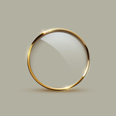 Golden sparkling ring with glass isolated on gray background. Vector golden frame.