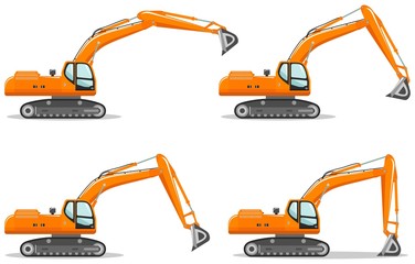 Excavator with different boom position. Detailed illustration of heavy mining machine and construction equipment. Vector illustration.