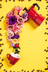 Morning coffee concept. Coffee maker, coffee cup and flowers. 