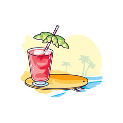 refresh juice in the beach with surfboard