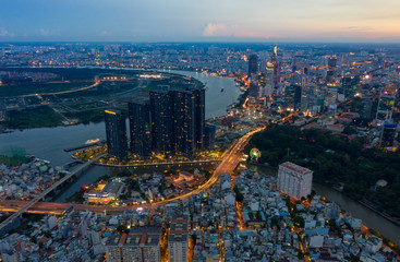 Landscape Ho Chi Minh city taked it by drone at Sunset