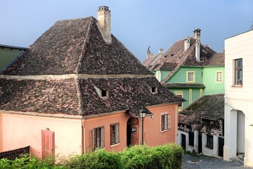 Fototapeta na wymiar Sighisoara Colorful Traditional Houses In Old Town, Romania