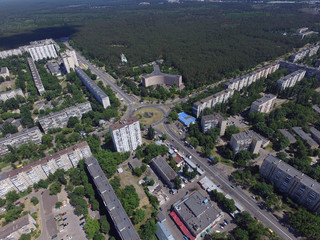 Soviet time (1970-th) residential area at summer time (drone image).Kiev, Ukraine