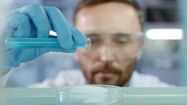 Close up of male researcher in goggles pouring blue liquid reagent into petri dish with plasmid DNA and analyzing result