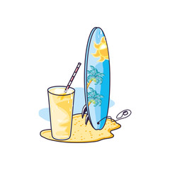 refresh juice in the beach with surfboard