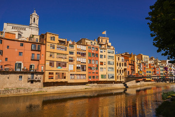 Girona. Colorful houses on the river Onyar. Beautiful town of Girona, Catalonia, Spain