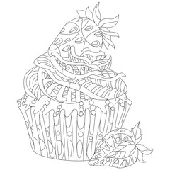 Vector piece of cake with strawberry and abstract ornaments.