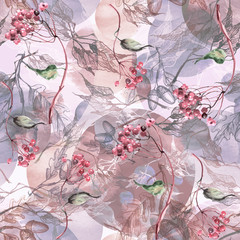 Watercolor seamless background with a pattern of leaves, abstract, decorative branches of birch, linden. Watercolor drawing, bunch of berries, mountain ash, elderberry, viburnum.Abstract pink  splash