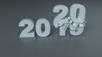 Text 2020 is shattering 2019 3D render illustration