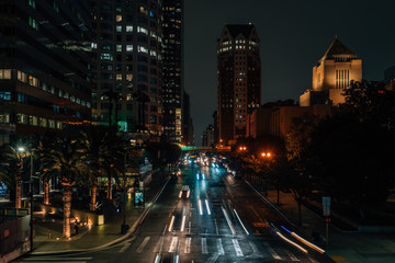 Night cityscape view of 5th street in downtown Los Angeles, California