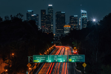 Fototapeta premium View of the downtown Los Angeles skyline and 110 Freeway at night, from Elysian Park in Los Angeles, California
