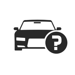 Car or automobile with question mark vector symbol, flat cartoon black and white auto with doubt status or buying advice icon or pictogram isolated clipart
