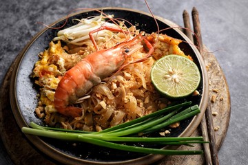 Pad thai topping with giant freshwater prawn, famously Thai food