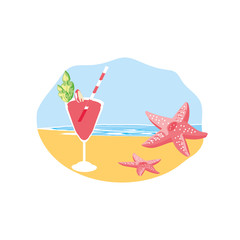 cute starfish animal in the beach with cocktail cup glass