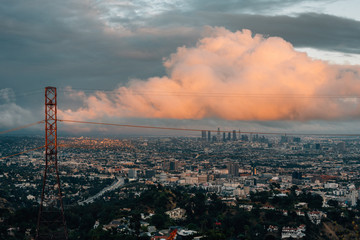 Sunset view of downtown from Runyon Canyon Park in the Hollywood Hills, Los Angeles, California