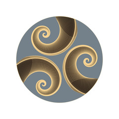 graphic astral symbol with three spirals in gold silver shades