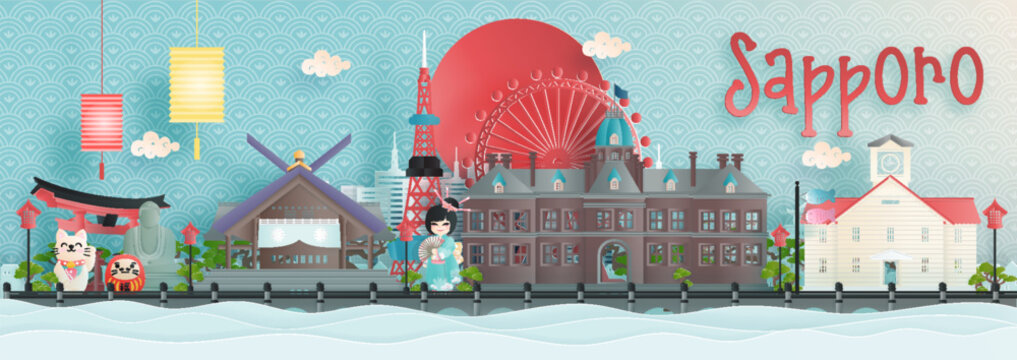 Panorama view of Sapporo, Hokkaido city skyline with world famous landmarks of Japan in paper cut style vector illustration.
