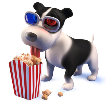Puppy dog hound in 3d wearing 3d glasses and eating popcorn