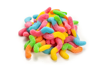 Juicy colorful jelly sweets isolated on white. Gummy candies. Snakes.