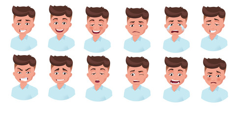 Boy, man. Set of human emoji. European, brunette, character isolated on white background.