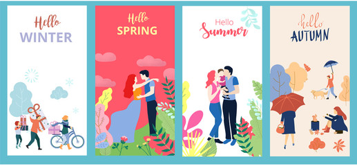 Hello summer, spring, autumn, winter. Set of posters or cards with people and outdoor seasonal entertainment.