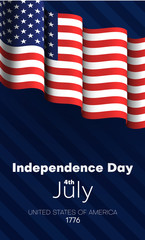 Independence Day of USA, July 4th. American flag on blue striped background.