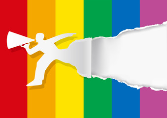 Man with megaphone ripped paper with rainbow colors. Illustration of paper male silhouette with megaphone ripping paper gay pride flag background. Place for your text or image. Vector available.