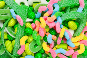Assorted gummy candies. Top view. Jelly  sweets.