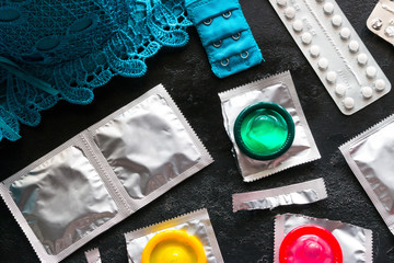 bra, birth control pills and condoms