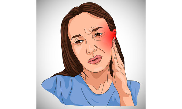 Ear problems illustrated on a woman with red designation 