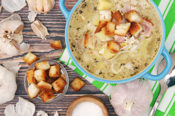 A bowl with traditional Czech garlic soup cesnecka