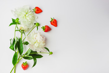 Red strawberry and white puffy peonies, light background