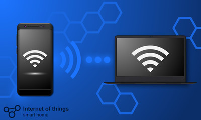 Smart home concept. Internet of things vector illustration. Smartphone and laptop interconnected.