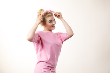 Woman having flowers wreath