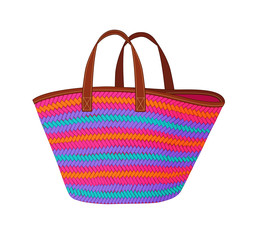 multicolor straw bag, shopping bag, summer beach bag, vector illustration sketch template on white background