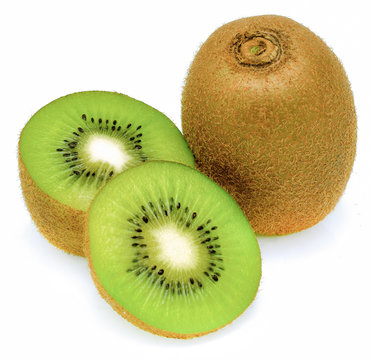 Slice of fresh green kiwi fruit isolated on white background