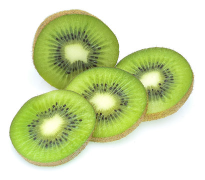 Slice of fresh green kiwi fruit isolated on white background
