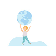 Cute Boy Holding Big Terrestrial Globe Over His Head Vector Illustration