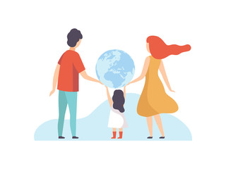 Family Holding Big Earth Globe, Mother, Father and Their Little Daughter with Terrestrial Globe, Back View Vector Illustration