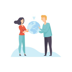 Young Man and Woman Holding Earth Globe Vector Illustration