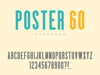 Latin uppercase alphabet letters and numbers. Retro poster font. Vector illustration
