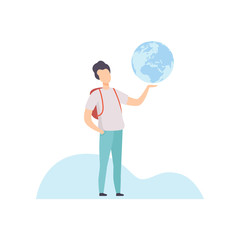 Young Man with Backpack Holding Earth Globe Vector Illustration
