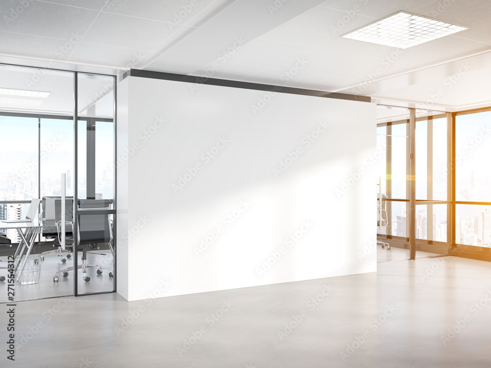 Poster blank white wall in concrete office with large windows mockup 3d rendering