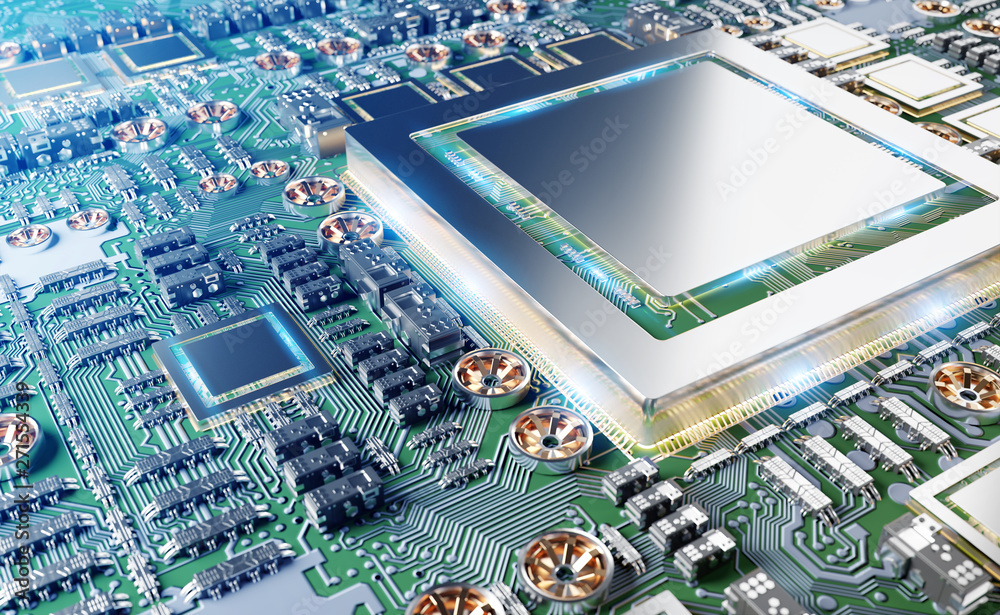 Fototapete close-up view of a modern gpu card with circuit 3d rendering