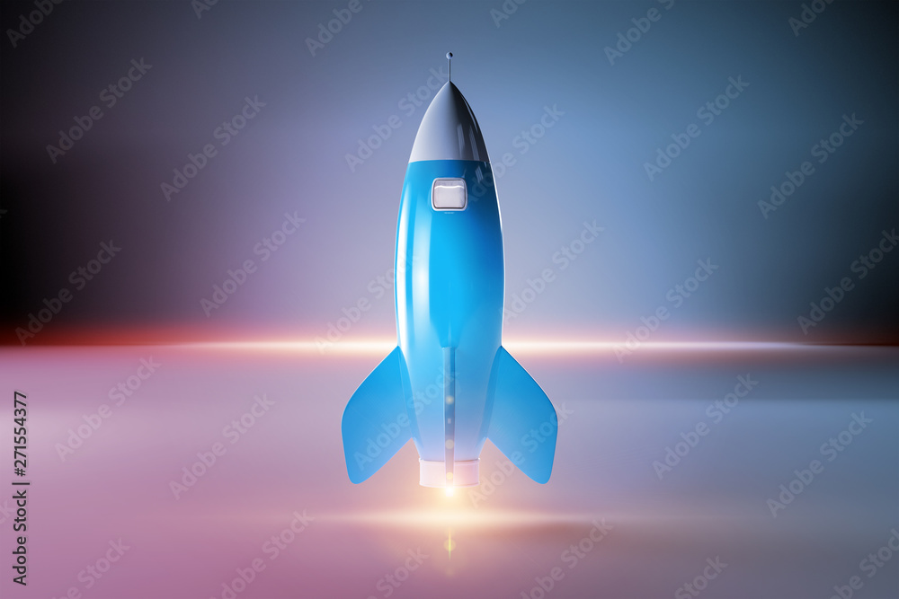 Poster Old school style rocket isolated on dark 3D rendering