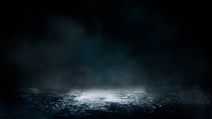 Empty street scene background with abstract spotlights light. Night view of street light reflected on water. Rays through the fog. Smoke, fog, wet asphalt with reflection of lights. 
